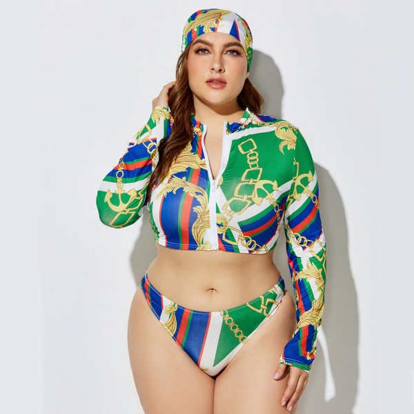 Plus Size Long-Sleeved Zippered Two-Piece Swimsuit in Green and Blue