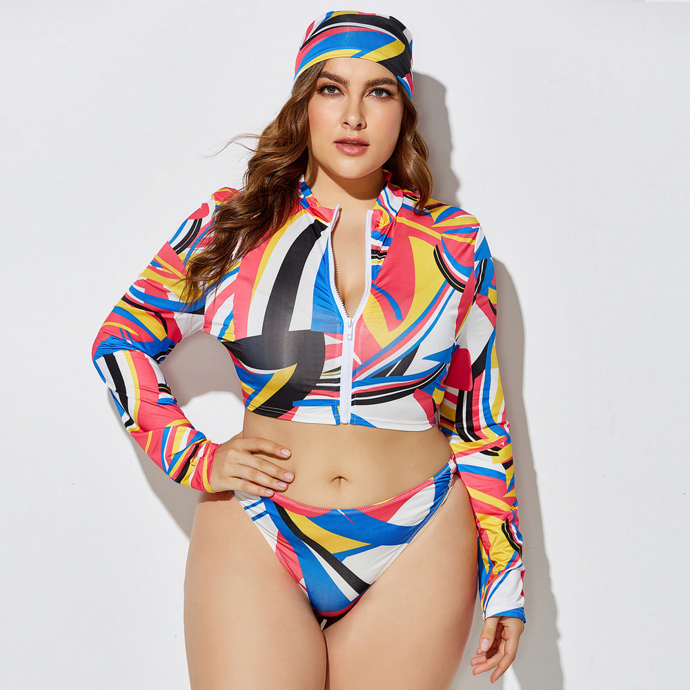 Plus Size Long-Sleeved Zippered Two-Piece Swimsuit in Blue, Red and Yellow - LMT055-04-O