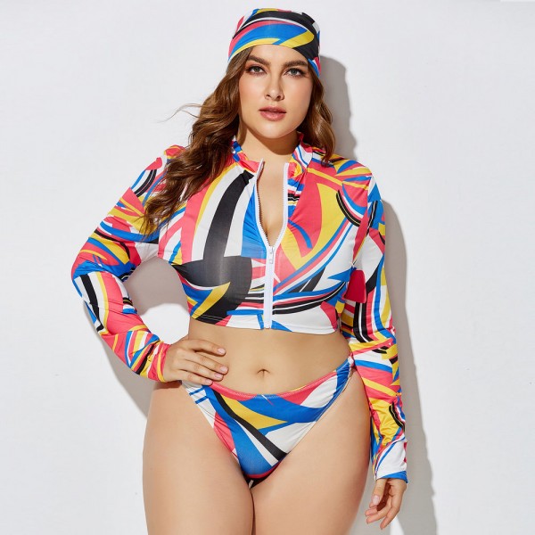 Plus Size Long-Sleeved Zippered Two-Piece Swimsuit in Blue, Red and Yellow
