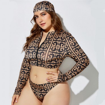 Plus Size Long-Sleeved Zippered Two-Piece Swimsuit in Black and Brown