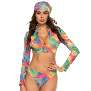 3-Piece Long-Sleeved Zip-Up Two-Piece Swimsuit in Green, Blue and Red