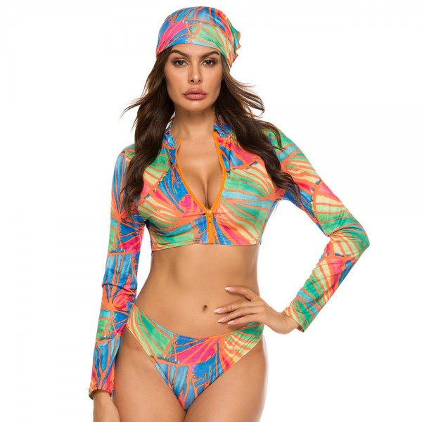 3-Piece Long-Sleeved Zip-Up Two-Piece Swimsuit in Green, Blue and Red