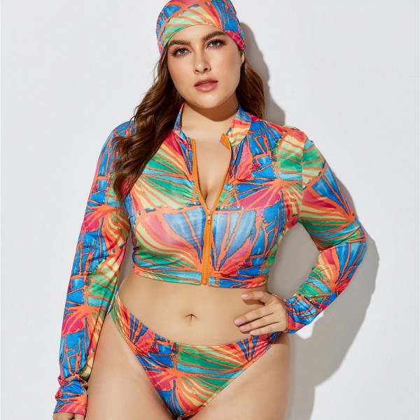 Plus Size Long-Sleeved Zippered Two-Piece Swimsuit in Green, Blue and Red