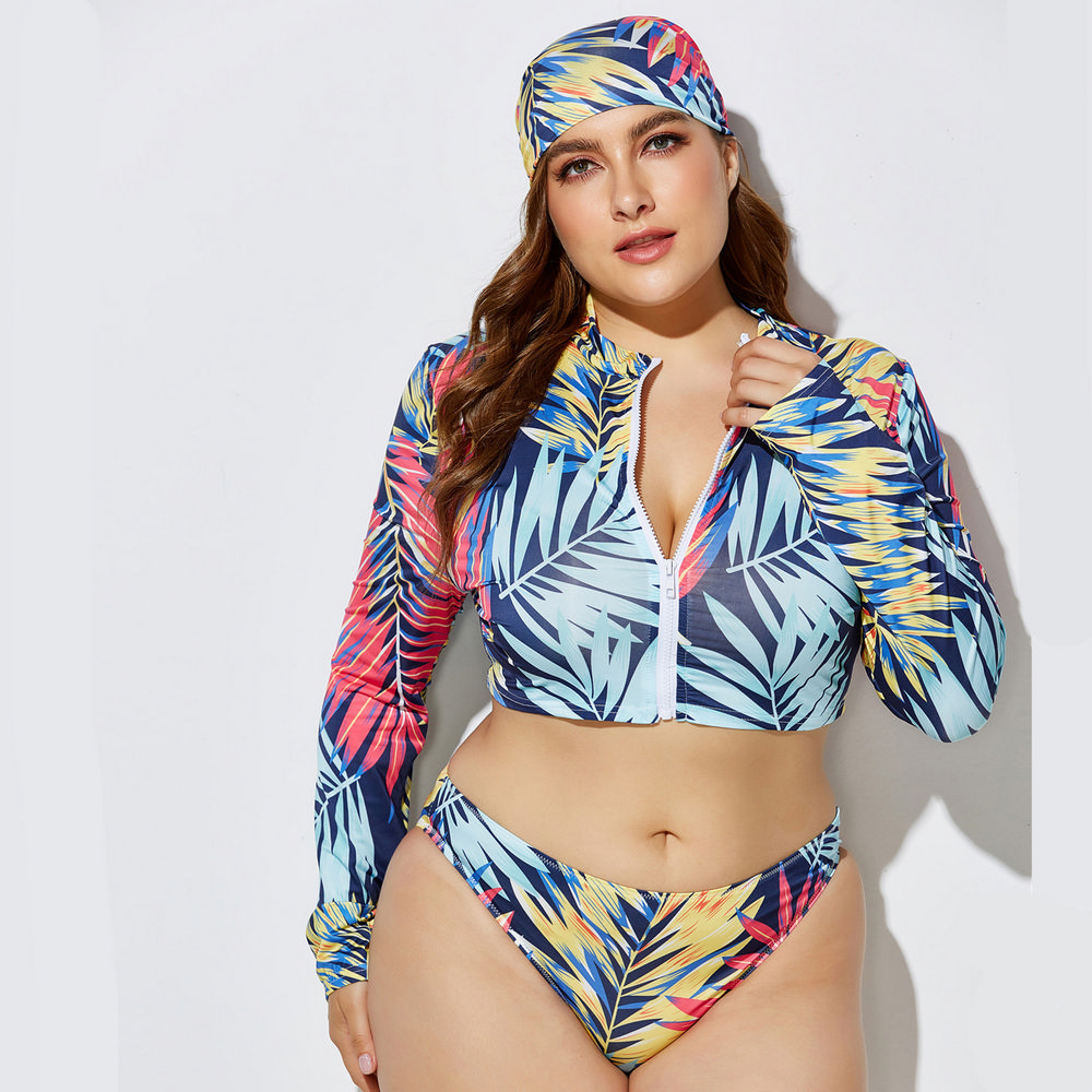 Plus Size Long-Sleeved Zippered Two-Piece Swimsuit in Blue, Red and Yellow - LMT055-07-O