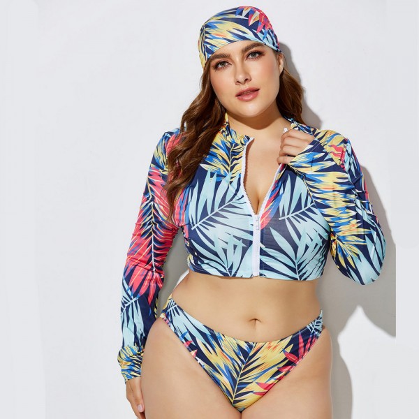 Plus Size Long-Sleeved Zippered Two-Piece Swimsuit in Blue, Red and Yellow