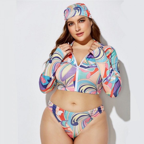 Plus Size Long-Sleeved Zippered Two-Piece Swimsuit in Purple and Pink