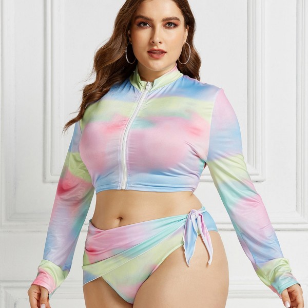 Plus Size Long-Sleeved Zippered Two-Piece Swimsuit in Pink and Blue
