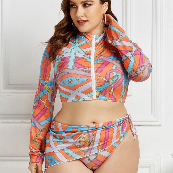 Plus Size Long-Sleeved Zippered Two-Piece Swimsuit in Orange and Purple