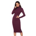 High Neck Knitted Long Sleeve Dress in Wine-Red - LMT069-WR-N