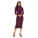 High Neck Knitted Long Sleeve Dress in Wine-Red - LMT069-WR-N