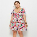 Summer Deep V Plus Size Dress with Red and Pink Flowers - LMT078-NO1-O