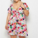 Summer Deep V Plus Size Dress with Red and Pink Flowers - LMT078-NO1-O