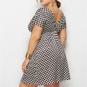 Summer Deep V Plus Size Dress with Black And White Grid - LMT078-NO2-O