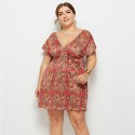 Summer Deep V Plus Size Dress with Red Flowers - LMT078-NO4-O
