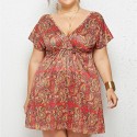 Summer Deep V Plus Size Dress with Red Flowers - LMT078-NO4-O