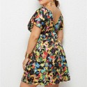 Summer Deep V Plus Size Dress with Multicolored Flowers - LMT078-NO7-O