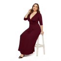 Deep V Plus Size Long Dress in Wine-Red - LMT079-WR-O