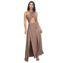 Irregular Slit Pleated Evening Dress in Apricot - LMT083-A-N