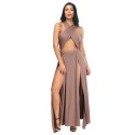 Irregular Slit Pleated Evening Dress in Apricot - LMT083-A-N