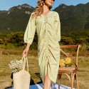 Summer Medium Sleeve Pleated Bohemian Dress in Yellow - LMT093-Y-N