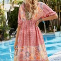 Casual V Neck Short Sleeve Bohemian Dress in Pink - LMT096-P-N