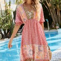 Casual V Neck Short Sleeve Bohemian Dress in Pink - LMT096-P-N