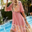 Casual V Neck Short Sleeve Bohemian Dress in Pink - LMT096-P-N