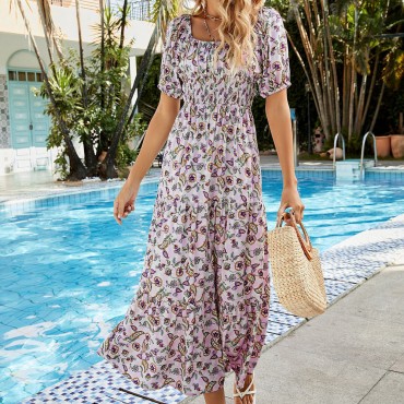 Summer Sexy Backless Dress in Purple with Flower Pattern