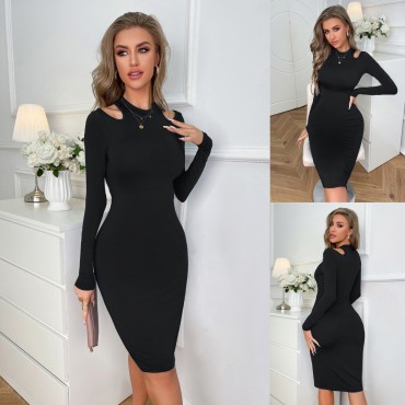 Elegant Off Shoulder Long Sleeve Dress in Black