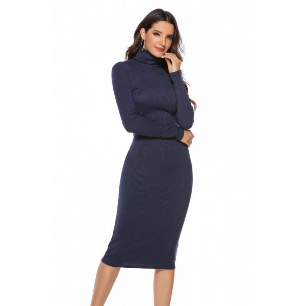 High Neck Knitted Long Sleeve Dress in Dark-Blue