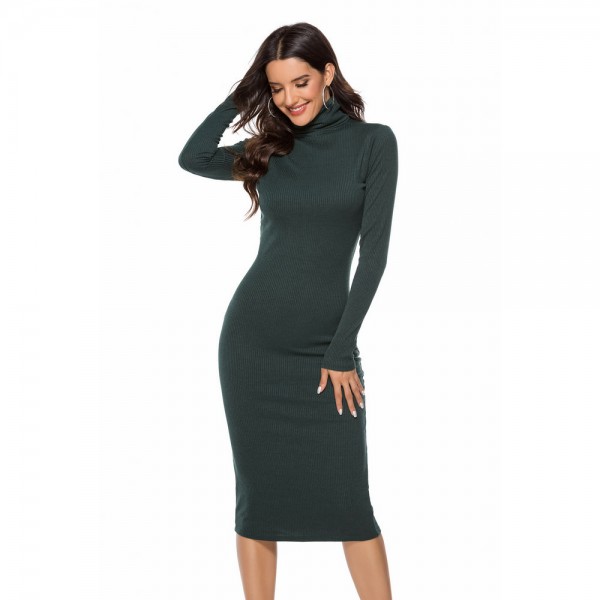 High Neck Knitted Long Sleeve Dress in Green
