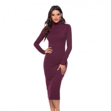 High Neck Knitted Long Sleeve Dress in Wine-Red