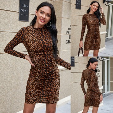 Elegant Long Sleeve Leopard Ruched Dress