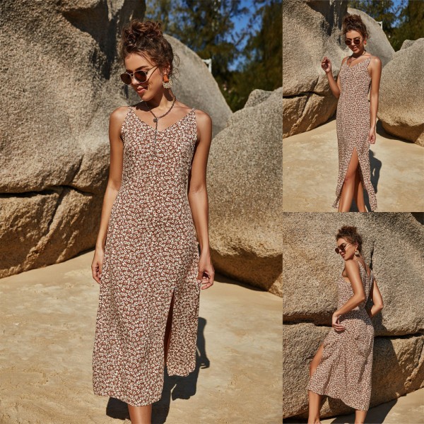 Summer Slit Beach Sling Dress in Brown