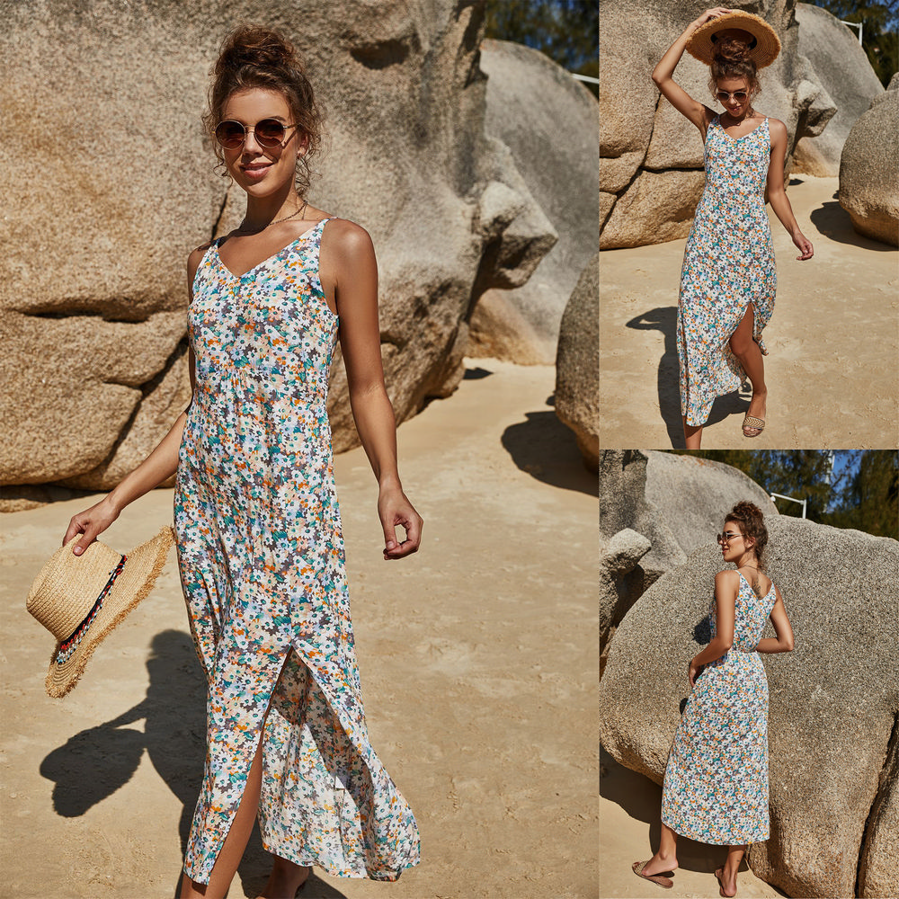 Summer Slit Beach Sling Dress in Blue and White - LMT075-NO4-N