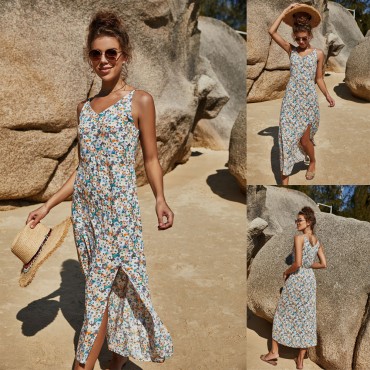 Summer Slit Beach Sling Dress in Blue and White