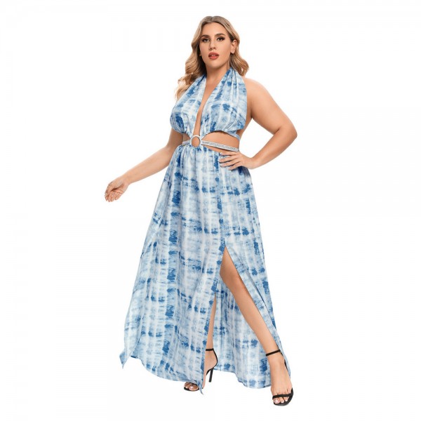 Summer Sexy Plus Size Backless Dress in Blue