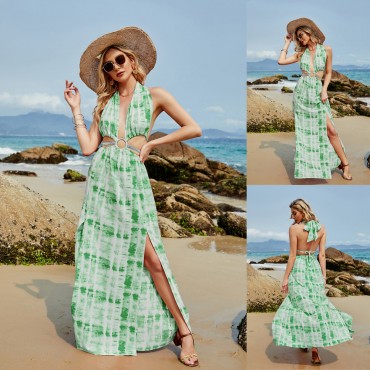 Summer Sexy Slit Backless Dress in Green