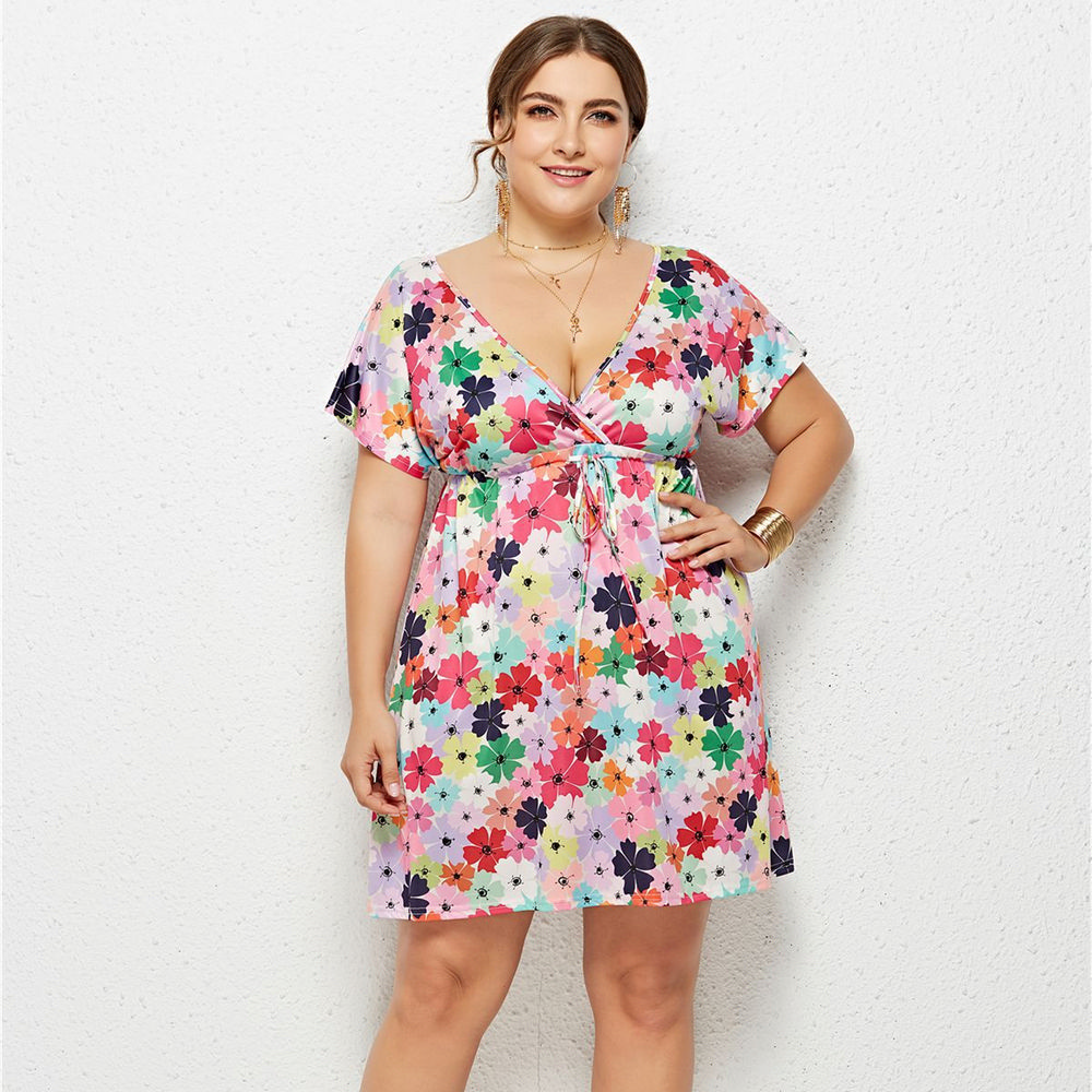 Summer Deep V Plus Size Dress with Red and Pink Flowers - LMT078-NO1-O