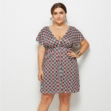 Summer Deep V Plus Size Dress with Poker Grid