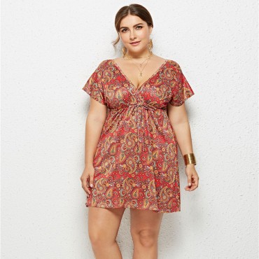 Summer Deep V Plus Size Dress with Red Flowers