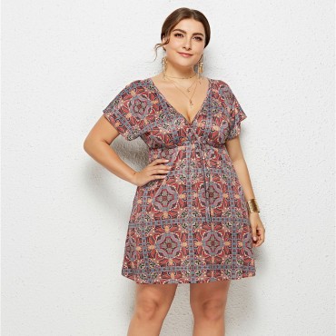 Summer Deep V Plus Size Dress with Purple Flowers