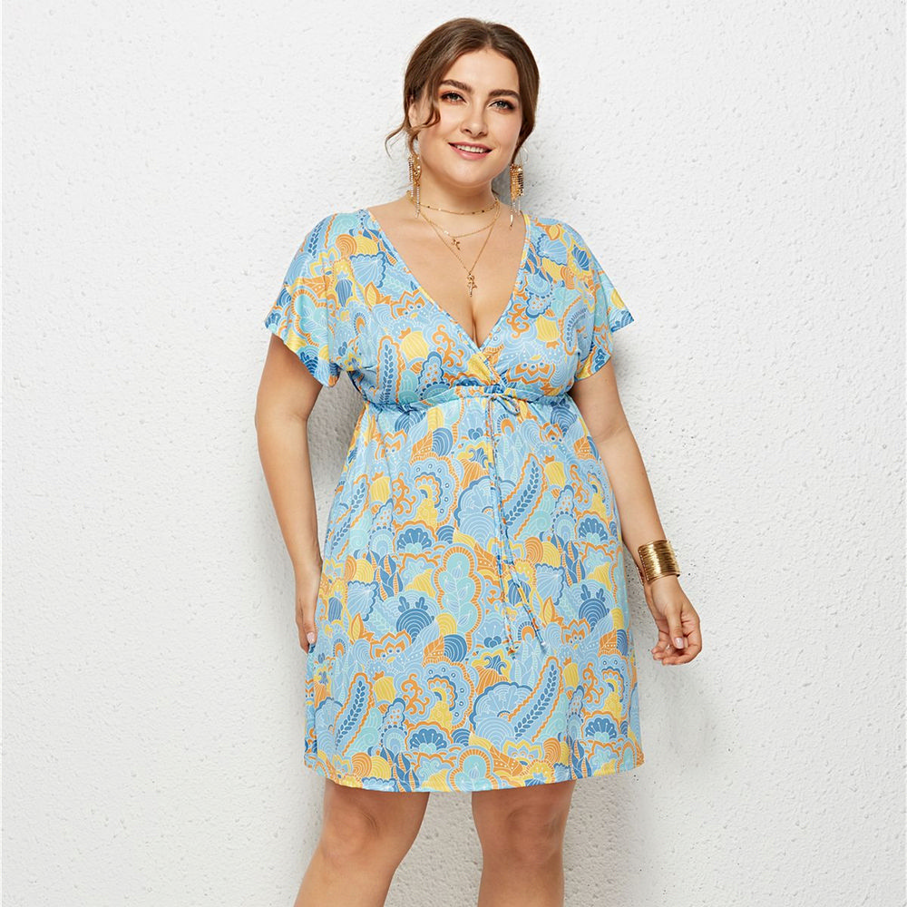 Summer Deep V Plus Size Dress in Sky Blue - LMT078-NO6-O