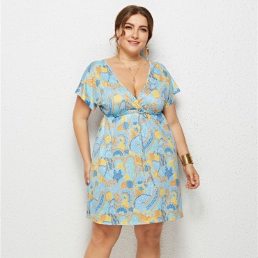 Summer Deep V Plus Size Dress in Sky Blue
