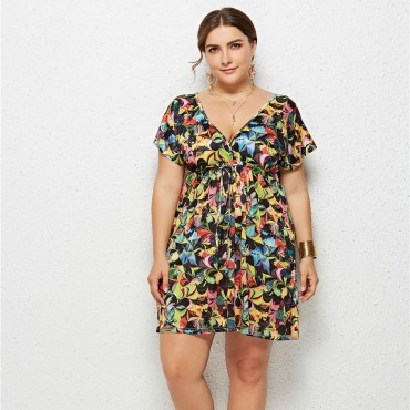 Summer Deep V Plus Size Dress with Multicolored Flowers