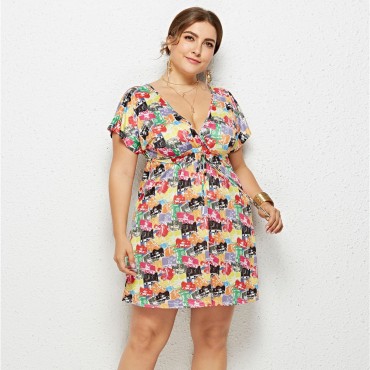 Summer Deep V Plus Size Dress with Camera Pattern