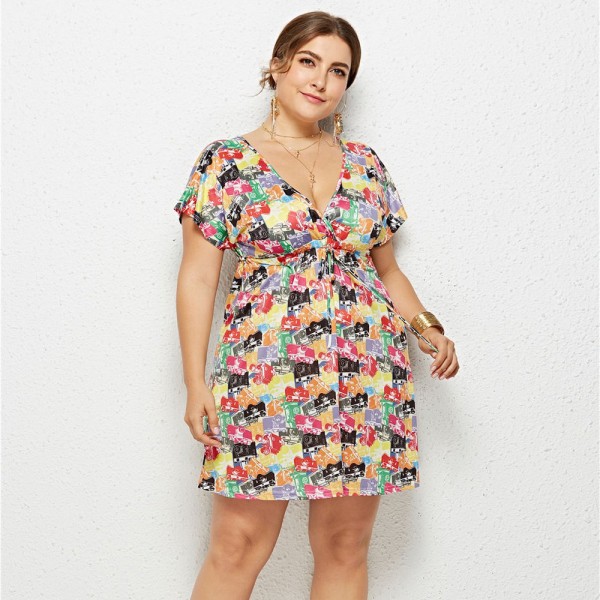 Summer Deep V Plus Size Dress with Camera Pattern