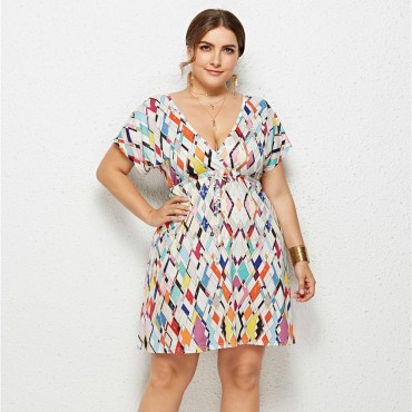 Summer Deep V Plus Size Dress with Colorful Rhombus