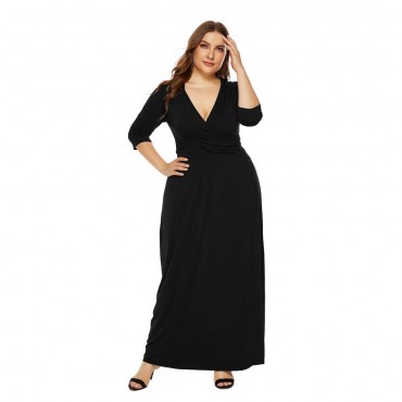 Deep V Plus Size Long Dress in Black