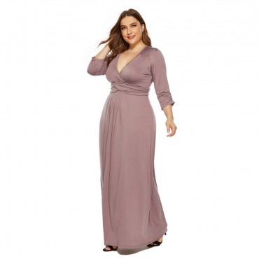 Deep V Plus Size Long Dress in Brown